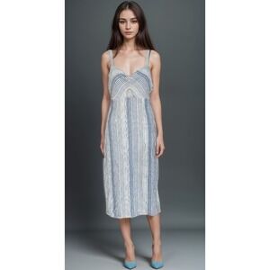 By Together Anthripologie‎ Midi Dress Sz M Striped Cut Out Linen Blend Beachy